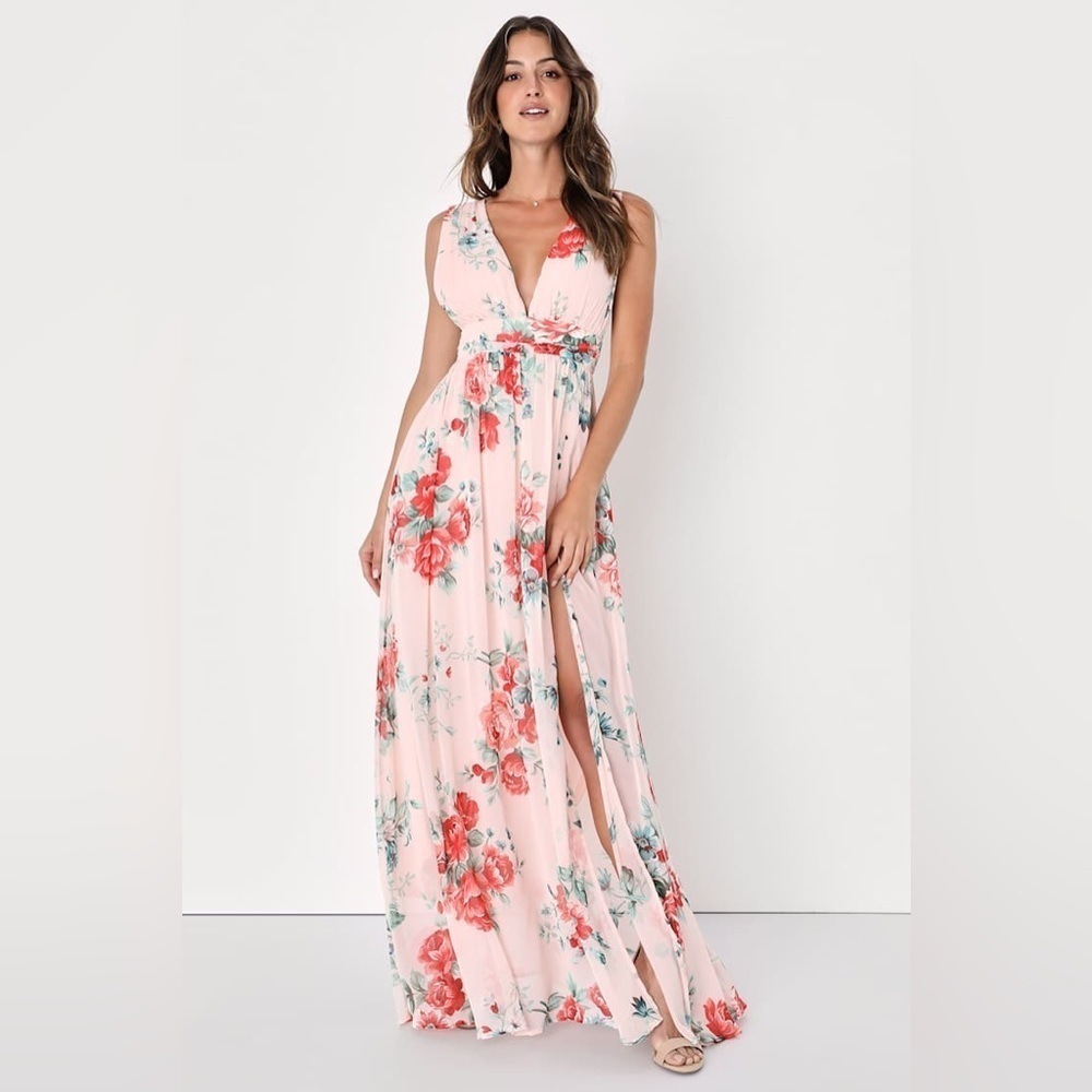 Lulu's Pink Floral Maxi Dress with Red Flower Print
